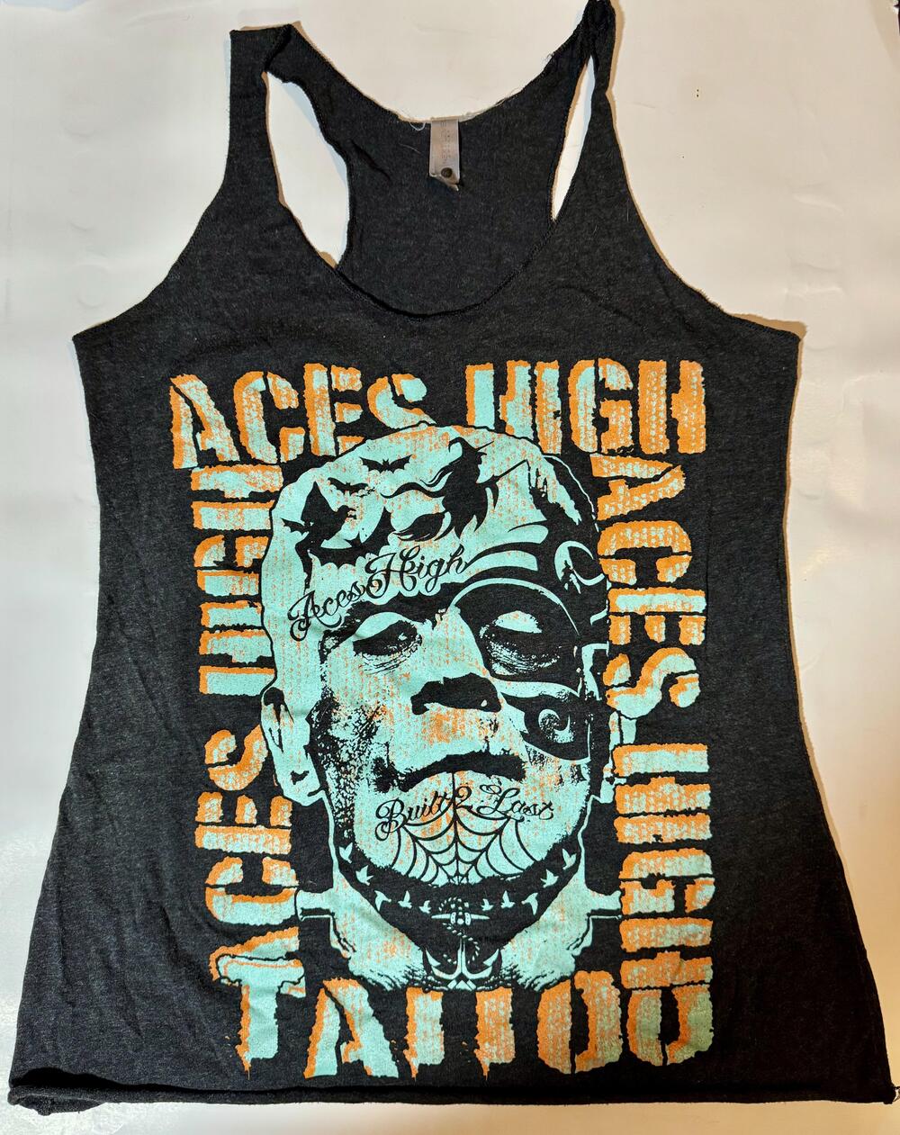 Aces High Tattoo Shop Tank Top Womens Medium Gray Racerback Graphic Tee
